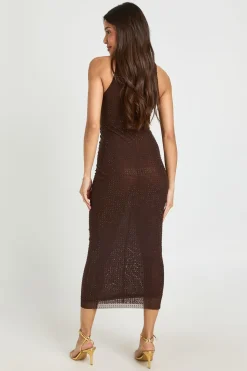boohoo Robe Midaxi Premium À Ornements Hotfix Et Fronces Sur Le Devant<Femme Looks Chocolat|Robes Moulantes