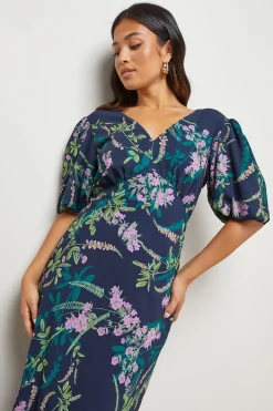 Robe Midaxi à Queue de Poisson en Mousseline Imprimée avec Manches Bouffantes Petite