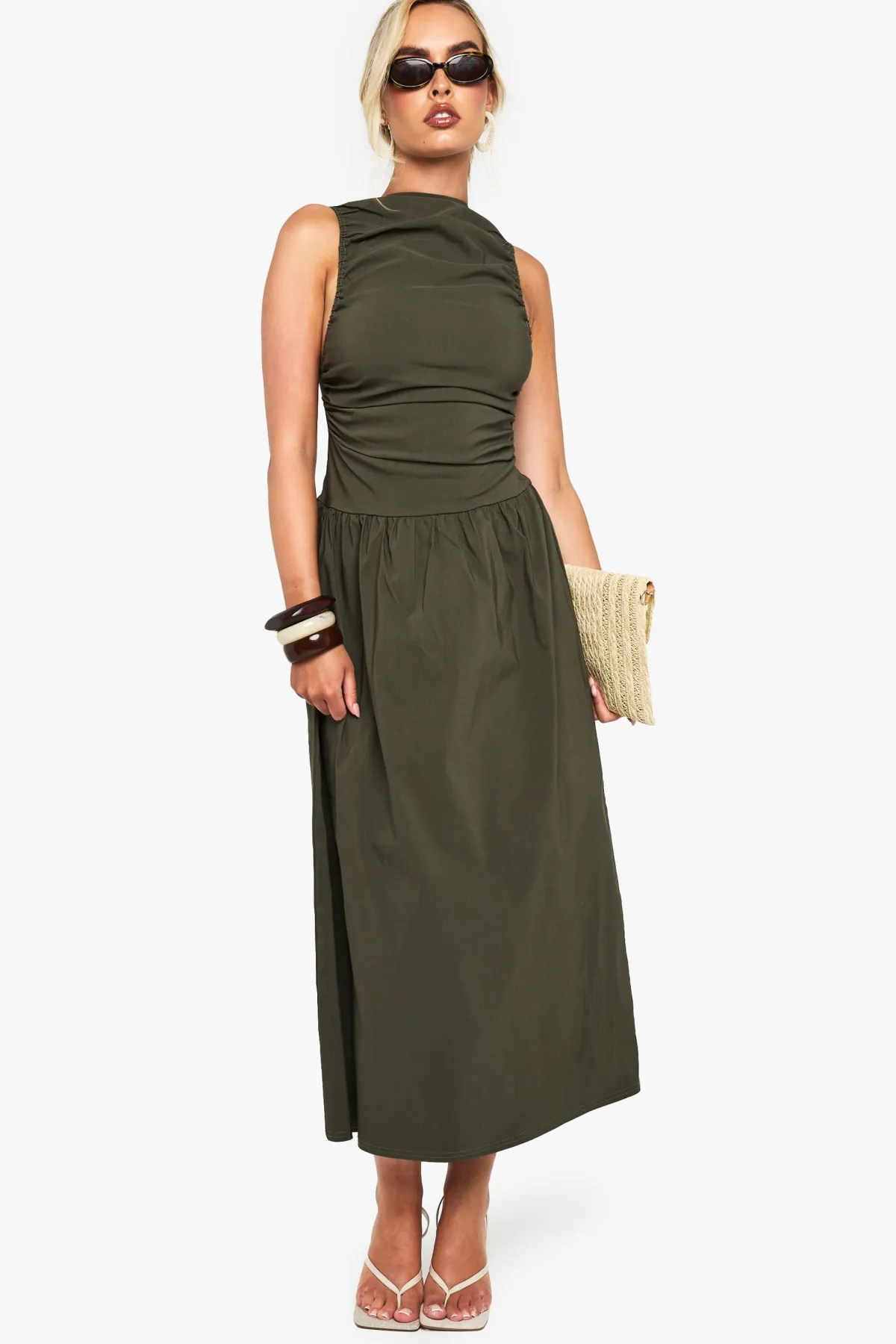 boohoo Robe midaxi sans manches à taille basse froncée<Femme Toutes Les Robes|Robes