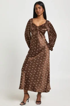 Robe Midaxi Satinée à Manches Bouffantes à Pois