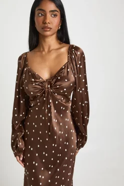 Robe Midaxi Satinée à Manches Bouffantes à Pois