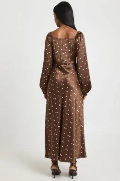 Robe Midaxi Satinée à Manches Bouffantes à Pois