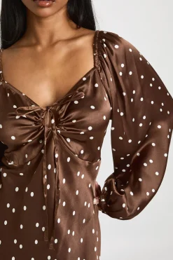 Robe Midaxi Satinée à Manches Bouffantes à Pois