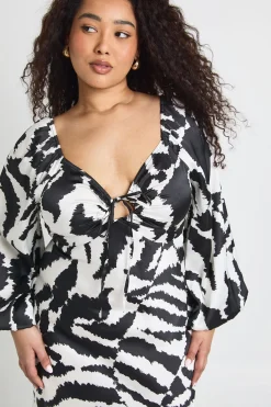 boohoo Robe Midaxi Satinée à Manches Volumineuses Imprimé Animalier Mixte Grande Taille<Femme Satin Et Dentelle|Robes Patineuses
