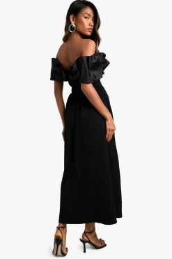 Robe midaxi skater Bardot structurée en taffetas extrême à volants