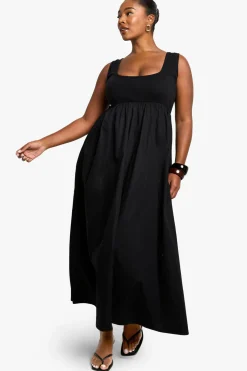 boohoo Robe Midaxi Smock en Popeline de Coton Côtelé<Femme Toutes Les Robes|Robes