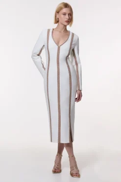 Robe midaxi stretch compacte à insert en jacquard et fente avant