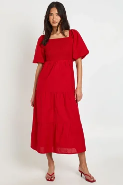 Robe Midaxi Étagée À Manches Volumineuses Effet Lin