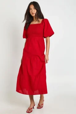 Robe Midaxi Étagée À Manches Volumineuses Effet Lin