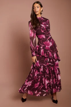 Robe Midaxi À Étages Plissés Et Manches Longues Imprimée