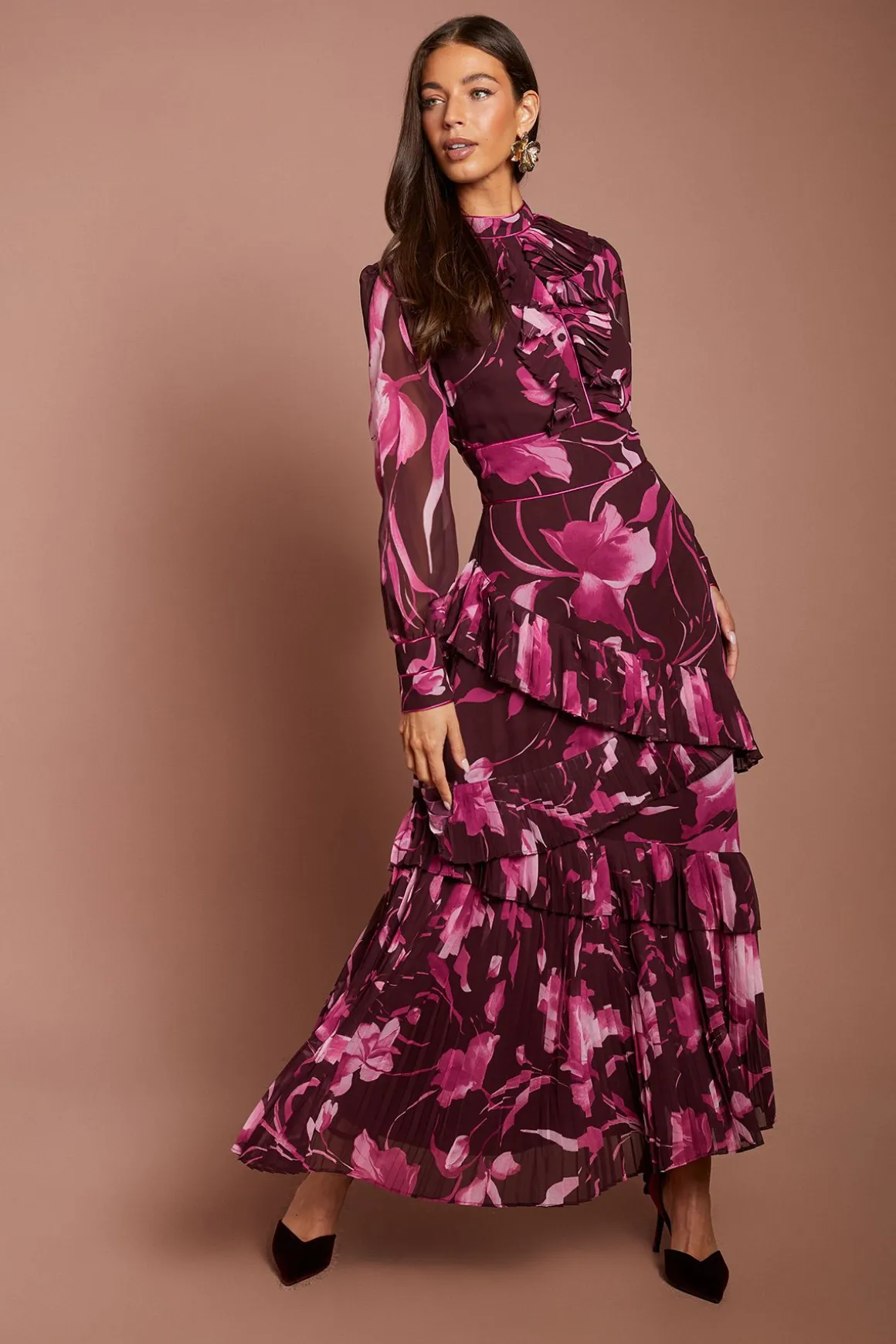 Robe Midaxi À Étages Plissés Et Manches Longues Imprimée