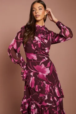 Robe Midaxi À Étages Plissés Et Manches Longues Imprimée