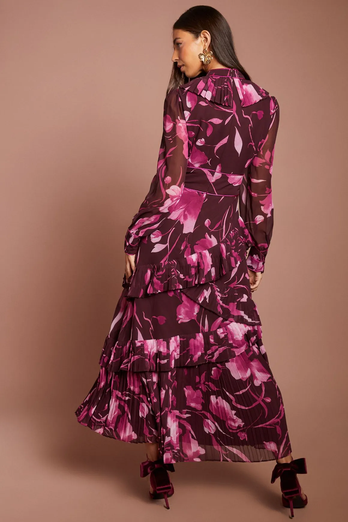 Robe Midaxi À Étages Plissés Et Manches Longues Imprimée