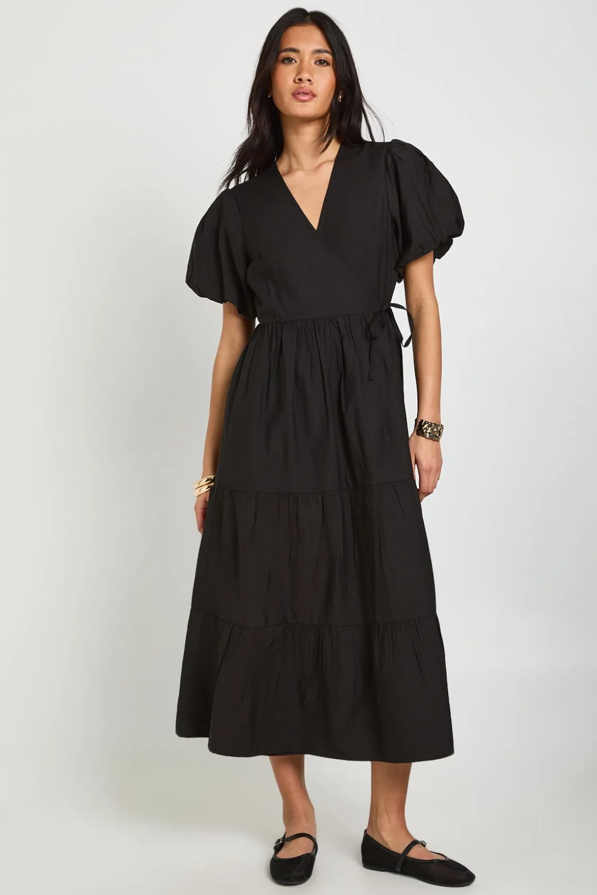 Robe Midaxi Texturée À Manches Volumineuses Et Devant Cache-cœur