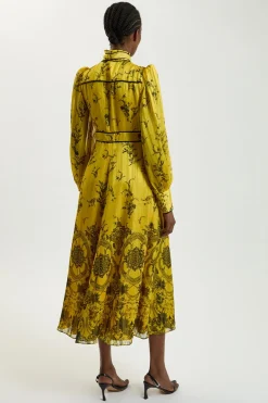 Robe Midaxi Tissée à Imprimé Floral avec Col Noué et Manches Bouffantes