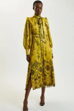 Robe Midaxi Tissée à Imprimé Floral avec Col Noué et Manches Bouffantes