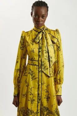 Robe Midaxi Tissée à Imprimé Floral avec Col Noué et Manches Bouffantes