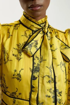 Robe Midaxi Tissée à Imprimé Floral avec Col Noué et Manches Bouffantes