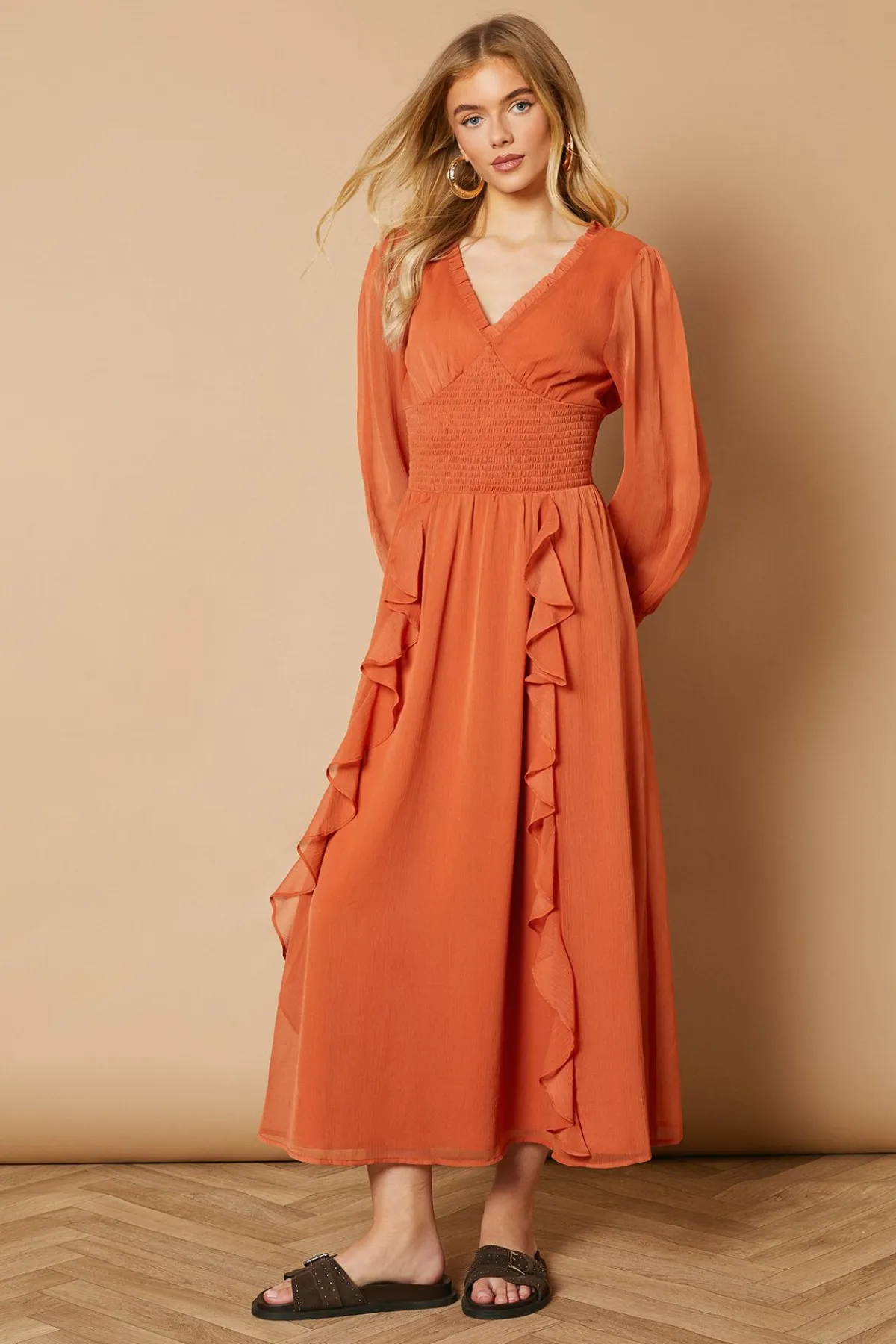 Oasis Robe Midaxi Unie à Détails Volantés et Taille Froncée<Femme Robes|Robes À Manches Longues