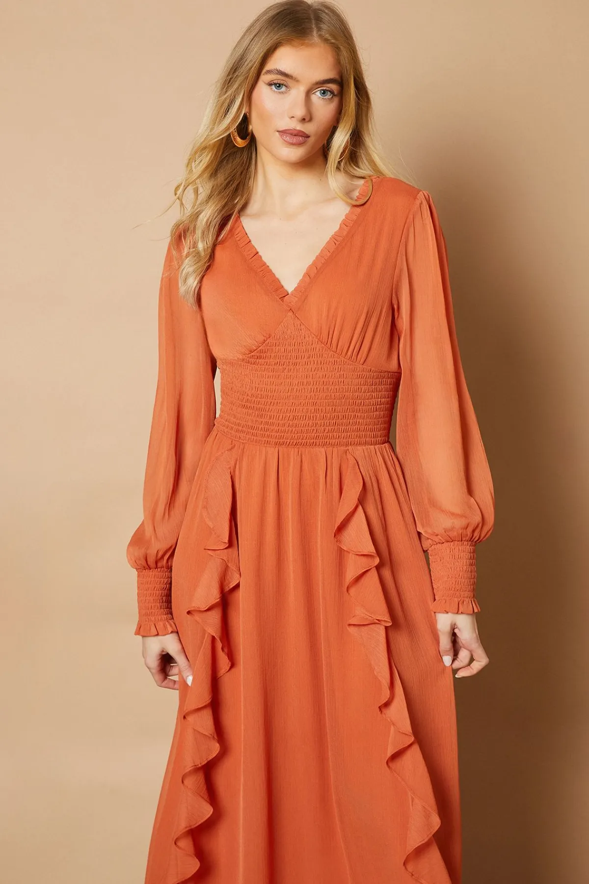 Oasis Robe Midaxi Unie à Détails Volantés et Taille Froncée<Femme Robes|Robes À Manches Longues