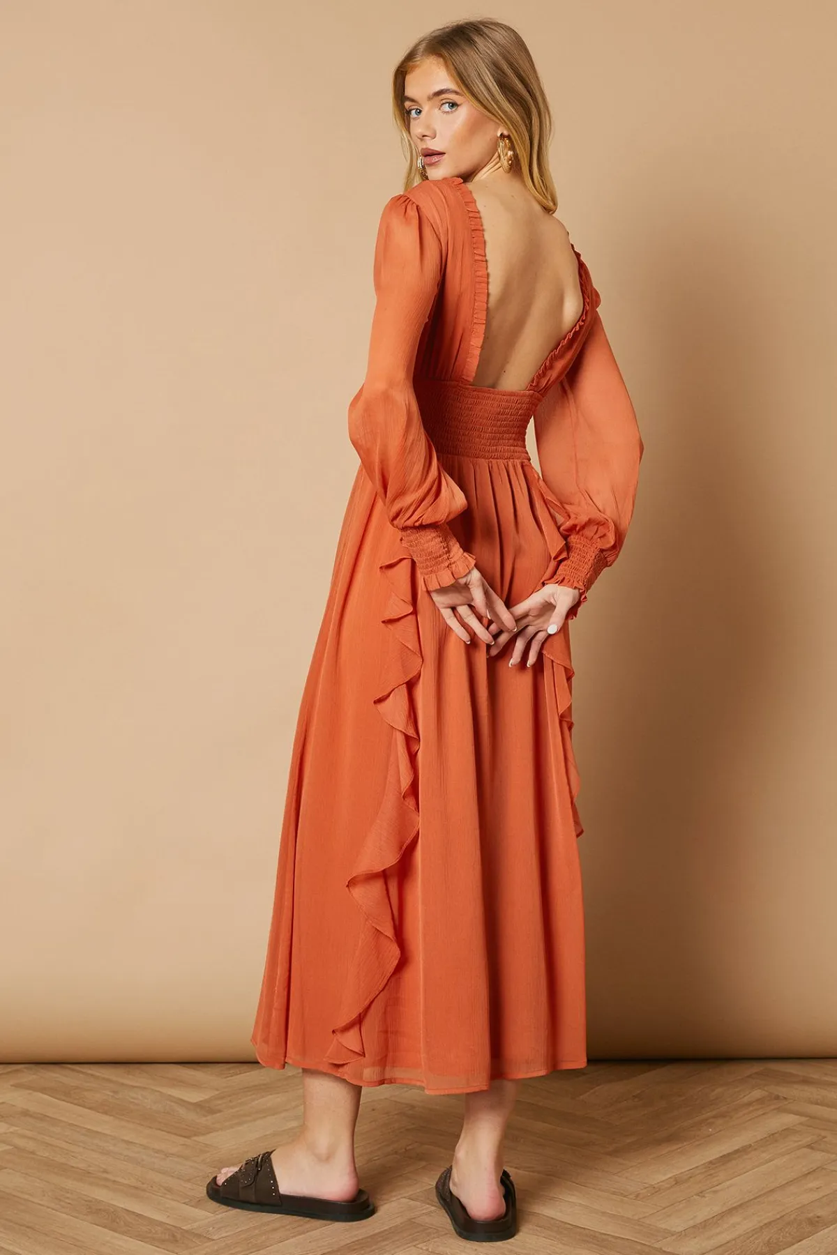 Oasis Robe Midaxi Unie à Détails Volantés et Taille Froncée<Femme Robes|Robes À Manches Longues