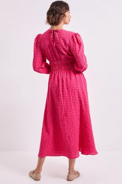 Robe Midaxi Vichy à Taille Froncée avec Détail Ceinture
