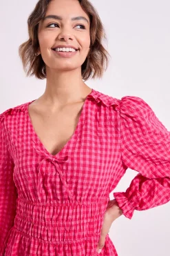 Robe Midaxi Vichy à Taille Froncée avec Détail Ceinture