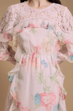 Robe Midaxi À Volants Et Dentelle Mélangée