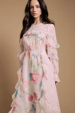 Robe Midaxi À Volants Et Dentelle Mélangée