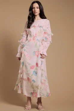 Robe Midaxi À Volants Et Dentelle Mélangée