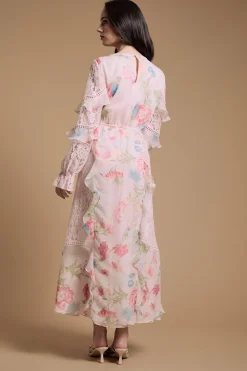 Robe Midaxi À Volants Et Dentelle Mélangée