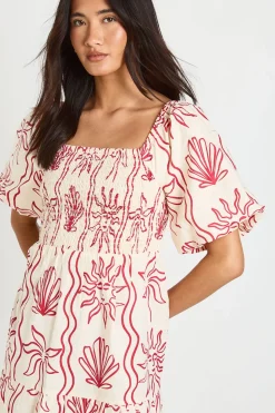 Robe Midaxi À Volants Imprimé Coquillages Aspect Lin Manches Bouffantes