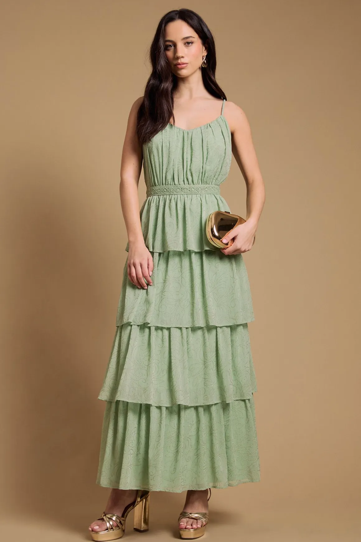 Robe Midaxi À Volants Étagés Et Bretelles