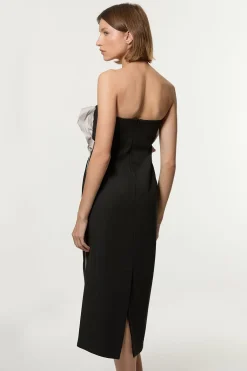 Robe midi ajustée à bandeau en taffetas stretch compact ornée de volants