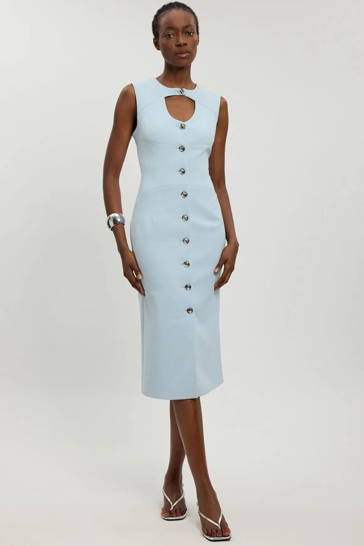 Robe Midi Ajustée Boutonnée En Stretch Compact