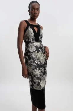 Robe Midi Ajustée à Bretelles Contrastantes en Velours et Jacquard