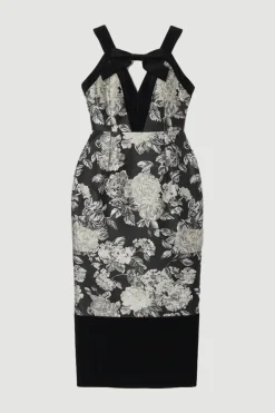 Robe Midi Ajustée à Bretelles Contrastantes en Velours et Jacquard