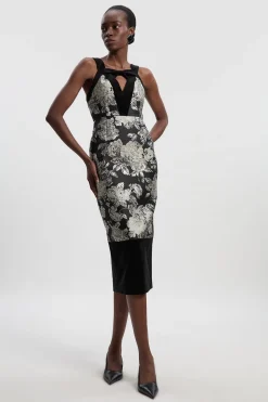Robe Midi Ajustée à Bretelles Contrastantes en Velours et Jacquard