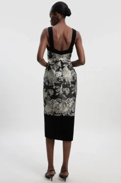 Robe Midi Ajustée à Bretelles Contrastantes en Velours et Jacquard