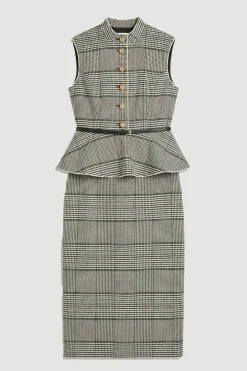 Robe Midi Ajustée À Carreaux Avec Basque Et Ceinture Petite