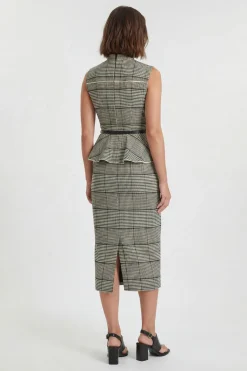 Robe Midi Ajustée À Carreaux Avec Basque Et Ceinture Petite