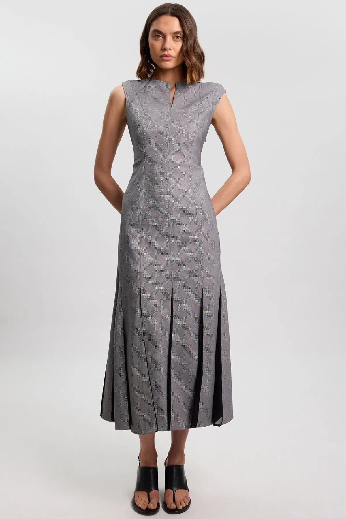 KarenMillen Robe Midi Ajustée À Carreaux Avec Détails Godets<Femme Robes|Robes Mi-Longues