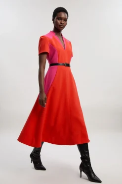 KarenMillen Robe Midi Ajustée à Ceinture avec Jupe Ample et Blocs de Couleurs en Tissu Stretch Compact<Femme Tailleurs|Toutes Les Robes