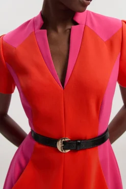 KarenMillen Robe Midi Ajustée à Ceinture avec Jupe Ample et Blocs de Couleurs en Tissu Stretch Compact<Femme Tailleurs|Toutes Les Robes