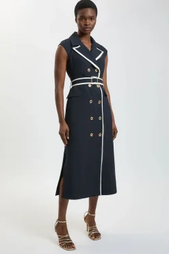 KarenMillen Robe Midi Ajustée Cintrée À Double Boutonnage En Stretch Compact Avec Liseré Contrastant<Femme Robes|Robes Mi-Longues