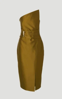 Robe Midi Ajustée à Col Asymétrique Structuré avec Détails de Passepoil en Satin Sergé