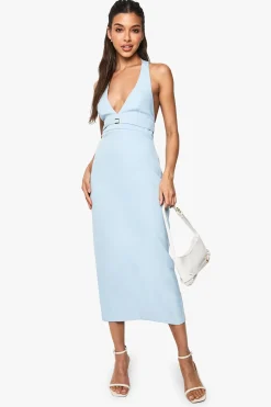 Robe midi ajustée à col halter avec détail de boucle