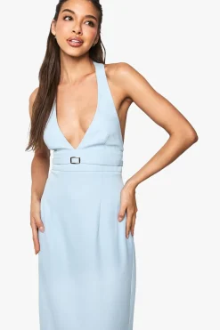 Robe midi ajustée à col halter avec détail de boucle