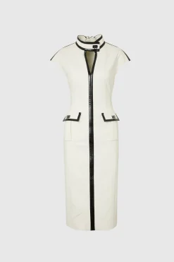 Robe Midi Ajustée Col Montant Avec Fermeture Verrou Et Détails SYNTHÉTIQUE En Tissu Stretch Compact