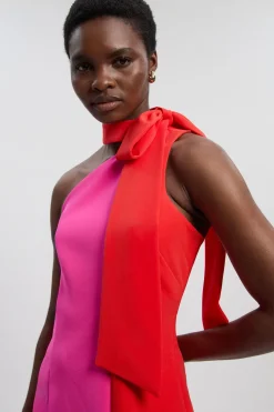Robe Midi Ajustée Douce à Blocs de Couleur avec Nœud